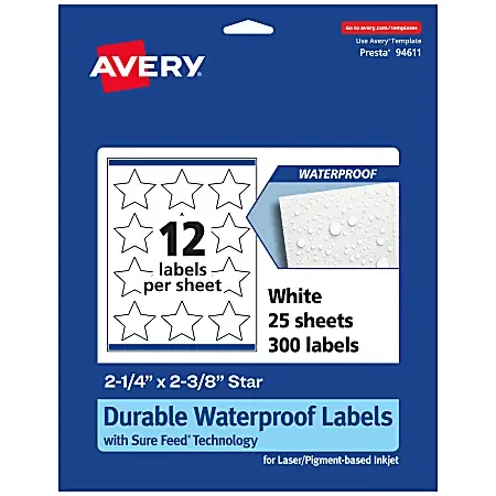 Avery® Waterproof Permanent Labels With Sure Feed®, 94611-WMF25, Star, 2-1/4″ x 2-3/8″, White, Pack Of 300