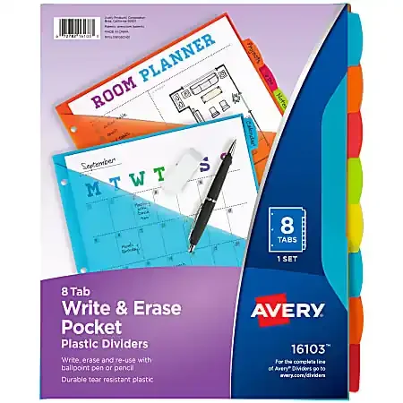 Avery® Write & Erase Durable Plastic Dividers With Pockets, 8-1/2″ x 11″, Multicolor Brights, Pack Of 8 Dividers