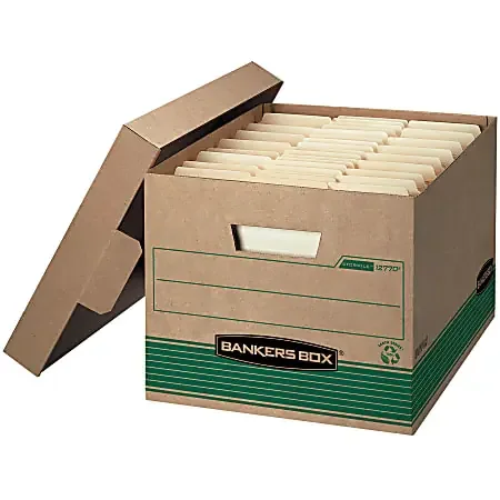 Bankers Box® Stor/File™ Medium-Duty Storage Boxes With Lift-Off Lids, Letter/Legal Size, 10″ x 12″ x 15″, 94% Recycled, Kraft/Green, Case Of 20