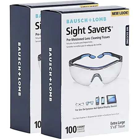 Bausch & Lomb Sight Savers Lens Cleaning Tissues, 8″ x 5″, 100 Tissues Per Box, Pack Of 2 Boxes