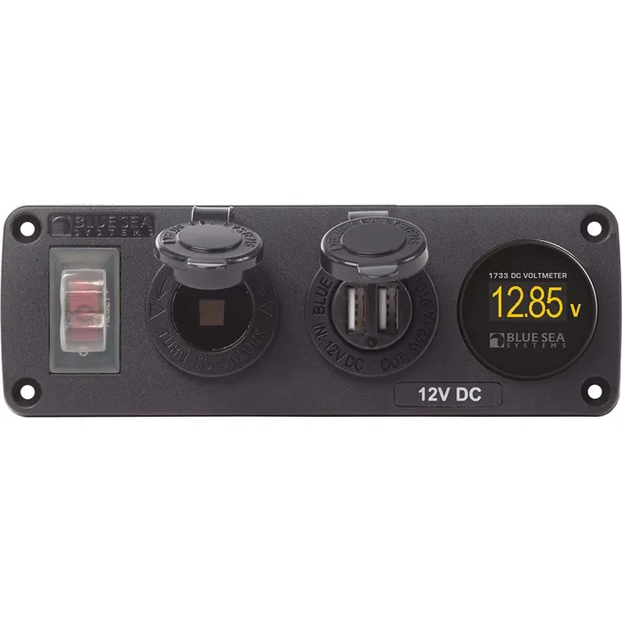 Blue Sea 4366 Water Resistant USB Accessory Panel – Circuit Breaker, 12V Socket, Dual USB Charger, Mini Voltmeter