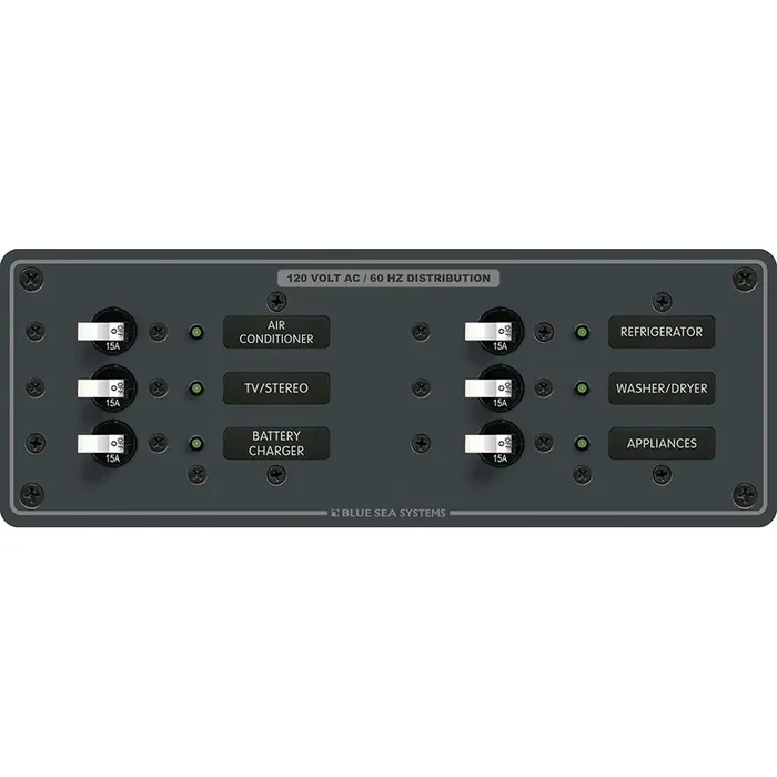 Blue Sea 8097 AC 6 Position Toggle Circuit Breaker Panel – White Switches