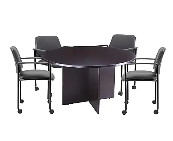Boss Office Products Round Table And 4 Stackable Guest Chairs Set, Mocha/Black, GROUP123MOCD
