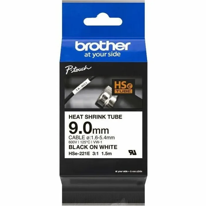 Brother HSe-221E Heat Shrink Tube Tape Cassette – Black on White, 9.0mm wide – 23/64″