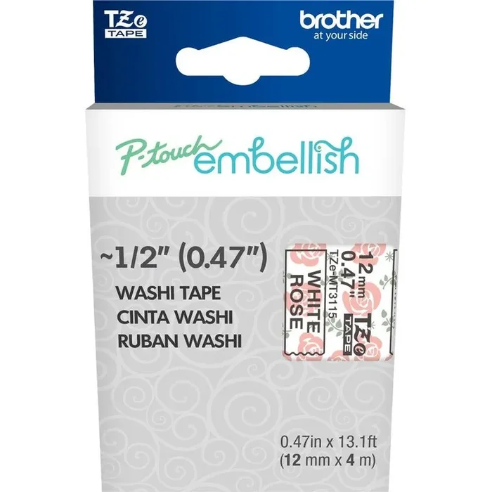 Brother P-touch Embellish Black on White Rose Washi Tape 12mm (~1/2″) x 4m