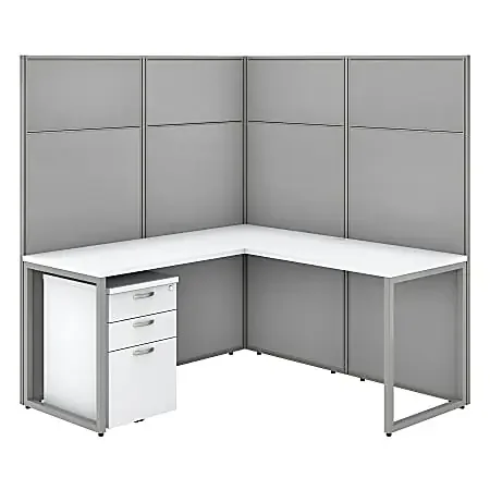 Bush Business Furniture Easy Office 60″W L-Shaped Cubicle Desk With File Cabinet And 66″ Panels, Pure White/Silver Gray, Standard Delivery