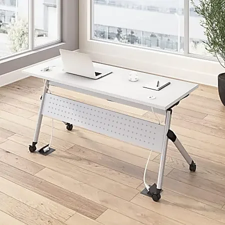 Bush Business Furniture Envision 60″W Folding Training Table with Powered Grommets, White/Cool Gray Metallic, Standard Delivery