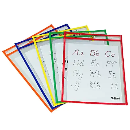 C-Line Reusable Dry-Erase Pockets, 9″ x 12″, Assorted Colors, Pack Of 5 Pockets