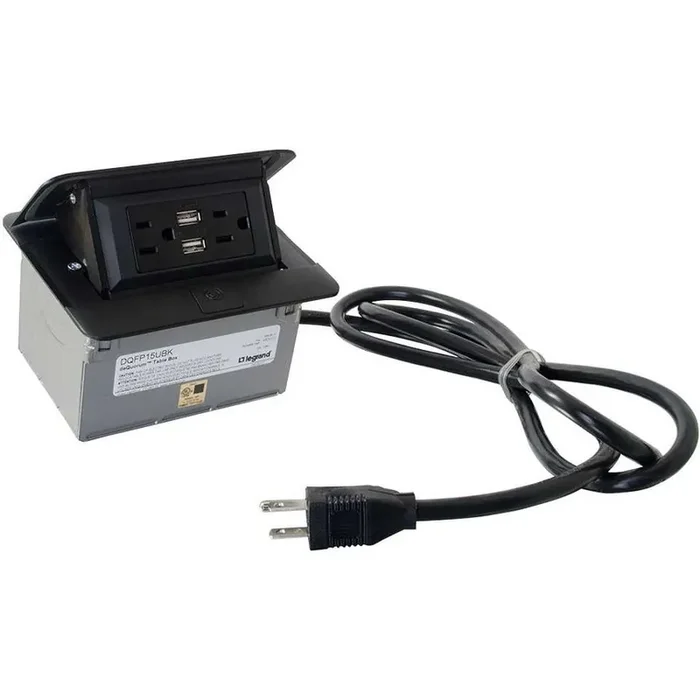 C2G deQuorum Single Flip-Up Unit with USB – Black Powder Coat – 2 x Power Receptacles