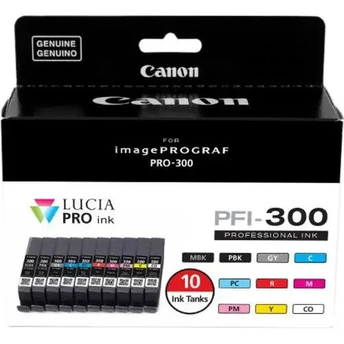 Canon LUCIA PRO PFI-300 Original Inkjet Ink Cartridge – Value Pack – Photo Black, Matte Black, Cyan, Gray, Magenta, Yellow, Red, Photo Cyan, Photo Magenta, Chroma Optimizer – 10 / Pack