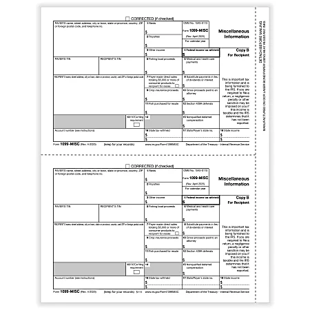 ComplyRight® 1099-MISC Tax Forms, Recipient Copy B, 2-Up, 8-1/2″ x 11″, Pack Of 50 Forms