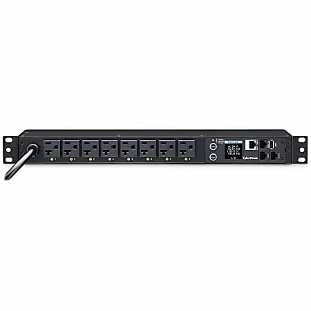 CyberPower PDU41002 Single Phase 100 – 120 VAC 20A Switched PDU – 8 Outlets, 12 ft, NEMA L5-20P (5-20P Adapter), Horizontal, 1U, SNMP, LCD- PDU41002