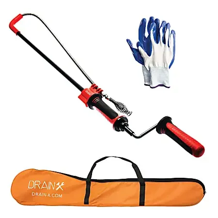 DrainX® Toilet Auger Plumbing Snake With Heavy-Duty Bulbhead, Gloves And Storage Bag, 3’, Red/Black