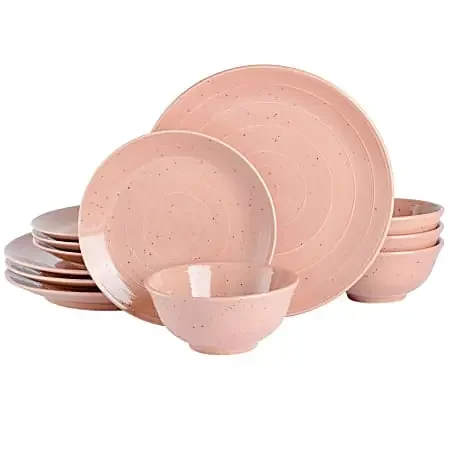 Gibson Elite Ramapo 12-Piece Stoneware Dinnerware Set, Soft Coral Speckle