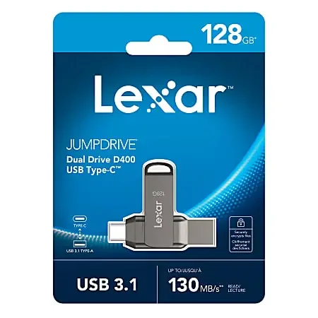 Lexar® JumpDrive® Dual Drive D400 USB 3.1 Type-C USB Drive, 128GB, Silver