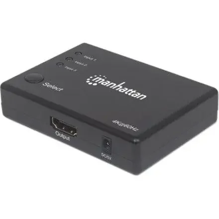 Manhattan HDMI Switch 3-Port (Compact), 4K@60Hz, Connects x3 HDMI sources to x1 display, Remote Control and Manual Switching (via button), AC Powered (cable 1.2m), Black, Three Year Warranty, Blister (With Euro 2-pin plug)