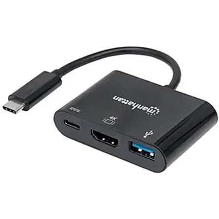 Manhattan USB-C Dock/Hub, Ports (x3) HDMI, USB-A and USB-C, 5 Gbps (USB 3.2 Gen1 aka USB 3.0), With Power Delivery (60W) to US – 152037