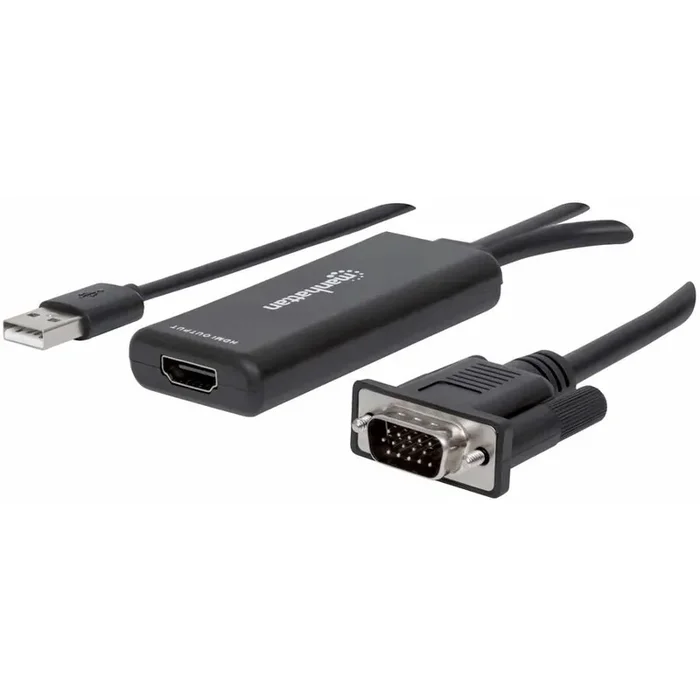 Manhattan VGA and USB-A to HDMI Converter, Analog VGA Video and USB Audio to Digital HDMI Signal, 1920×1080, 1080p@60Hz, 24-bit colour, 1.65 Gbps / 165 MHz, Three Year Warranty, Blister