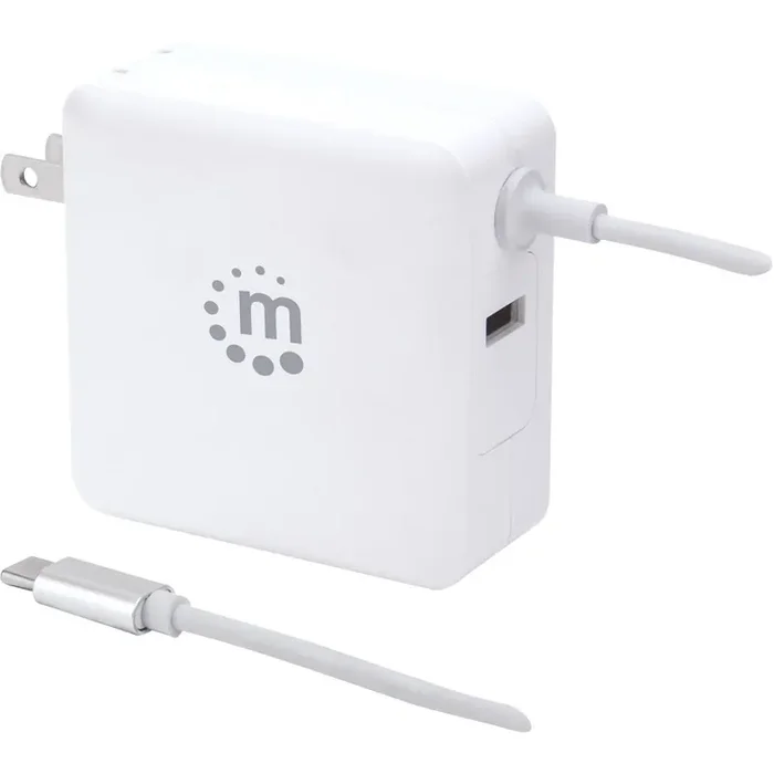 Manhattan Wall/Power Charger (Euro 2-pin), USB-C and USB-A ports, USB-C Output 60W / 3A, USB-A Output 2.4A, USB-C 1m Cable Built In, White, Three Year Warranty, Box