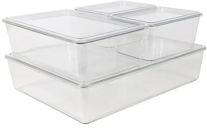 Martha Stewart Brody Stackable Plastic Storage Boxes With Lids, 3-1/4″H x 14″W x 10-1/2″D, Clear, Set Of 4 Boxes