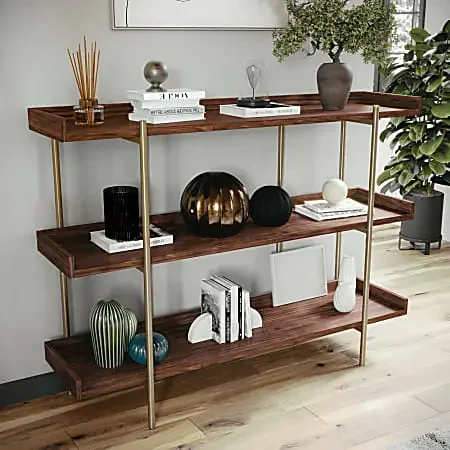 Martha Stewart Emmett 37″H 3-Shelf Storage Display Unit Bookcase With Metal Frame, Walnut Wood Grain/Polished Brass