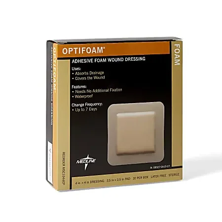 Medline Optifoam Adhesive Dressings, Focus 600, 4″ x 4″, Tan, Pack Of 10