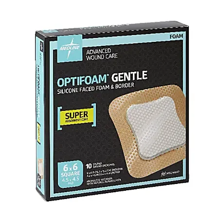 Medline Optifoam® Gentle Silicone-Faced Foam & Border Dressings, 6″ x 6″, Natural, Box Of 10