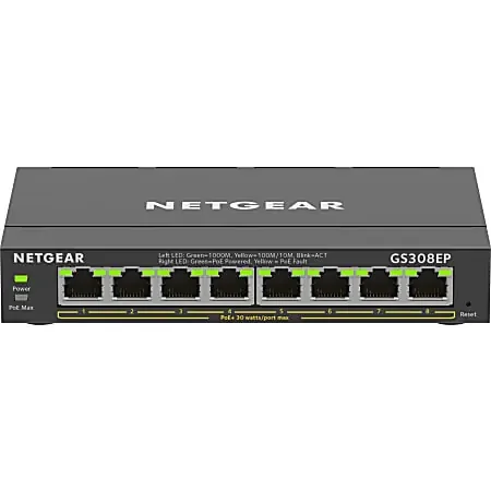 Netgear 8-Port Gigabit Ethernet PoE+ Smart Managed Plus Switch – 8 Ports – Manageable – 2 Layer Supported – GS308EP100NAS