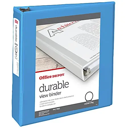Office Depot® 3-Ring Durable View Binder, 2″ Round Rings, 49% Recycled, Sky Blue