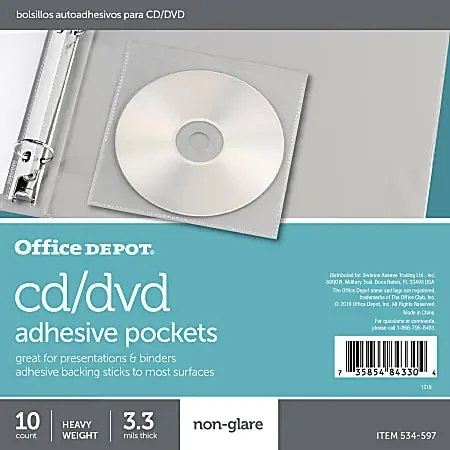 Office Depot® Brand CD/DVD Adhesive Pockets, 6″ x 10 1/2″, Clear, Non-Glare, Pack Of 10