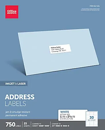 Office Depot® Brand Inkjet/Laser Address Labels, Rectangle, 1″ x 2 5/8″, White, Pack Of 750