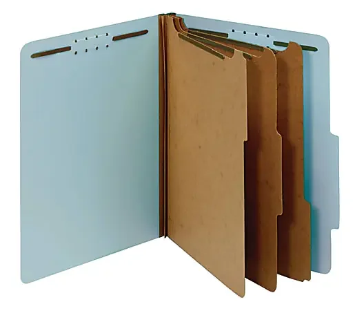 Office Depot® Brand Pressboard Classification Folders With Fasteners And 3 Dividers, Letter Size, 100% Recycled, Light Blue, Box Of 10