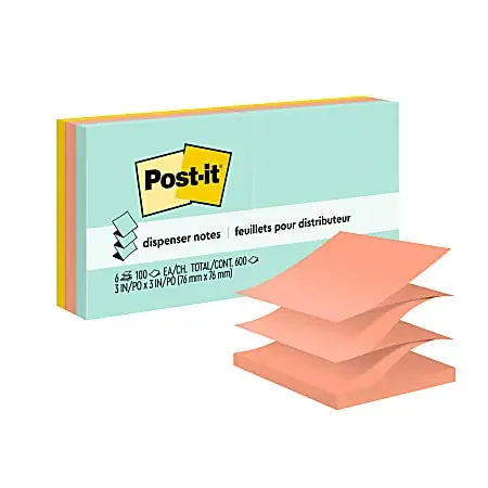 Post-it® Dispenser Pop-up Notes, 600 Total Notes, Pack Of 6 Pads, 3″ x 3″, Beachside Café Collection, 100 Notes Per Pad