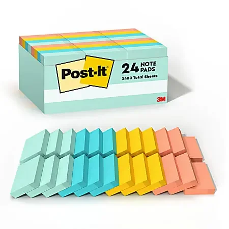 Post-it® Notes, 1 3/8 in x 1 7/8 in, 24 Pads, 100 Sheets/Pad, Clean Removal, Back to School Supplies for Students, Beachside Café Collection
