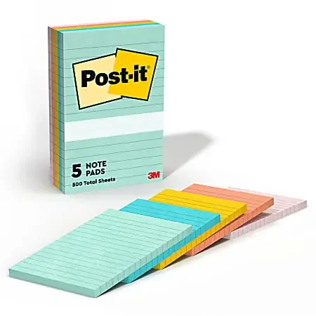 Post-it® Notes, 4 in x 6 in, 5 Pads, 100 Sheets/Pad, Lined, Clean Removal, Back to School Supplies for Students, Beachside Cafe Collection