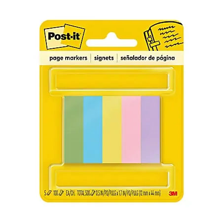 Post-it® Notes Page Markers, 1/2″ x 2″, Jewel Pop Colors, 100 Per Pad, Pack Of 5 Pads