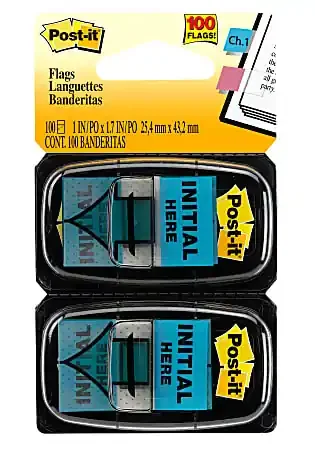 Post-it® Printed Flags, “Initial Here”, 1″ x 1-11/16″, Bright Blue, 50 Flags Per Pad, Pack Of 2 Pads