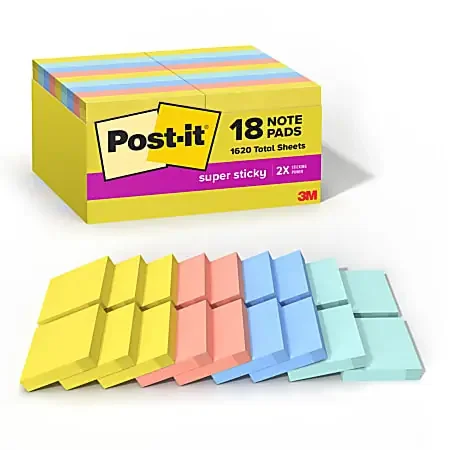 Post-it® Super Sticky Notes, 1-7/8 in x 1-7/8 in, 18 Pads, 90 Sheets/Pad, 2x the Sticking Power, Summer Joy Collection