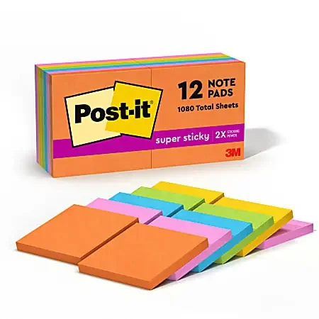 Post-it® Super Sticky Notes, 3 in x 3 in, 12 Pads, 90 Sheets/Pad, 2x the Sticking Power, Back to School Supplies for Students, Energy Boost Collection