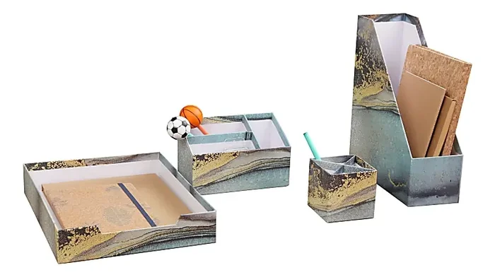 Realspace® 4-Piece Desk Accessory Set, Blue/Gold Marble