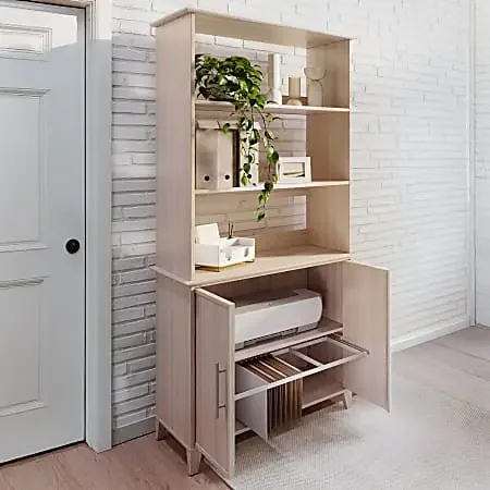 Realspace® Koru 72″H 3-Shelf Bookcase With Printer Shelf & File Storage, Natural Oak, BIFMA Compliant