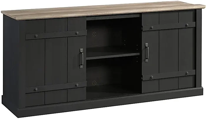 Sauder® Select Farmhouse Entertainment Credenza With Sliding Doors For 70″ TVs, Raven Oak/Lintel Oak