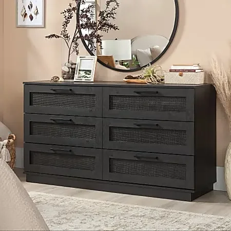Sauder® Tiffin Line Rattan 6-Drawer Dresser, 33-3/4”H x 58-5/8”W x 17-1/2”D, Raven Oak®/Dark Finish