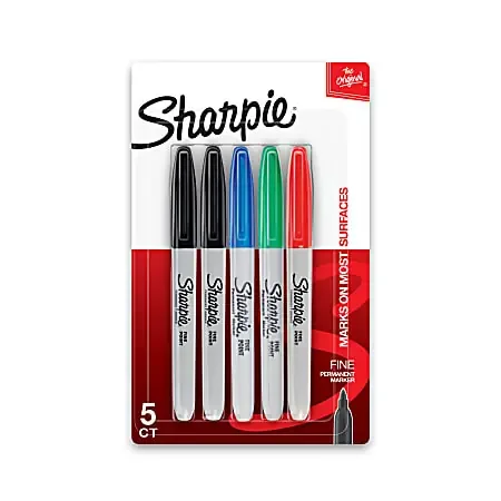 Sharpie® Permanent Fine-Point Markers, Assorted Colors, Pack Of 5 Markers