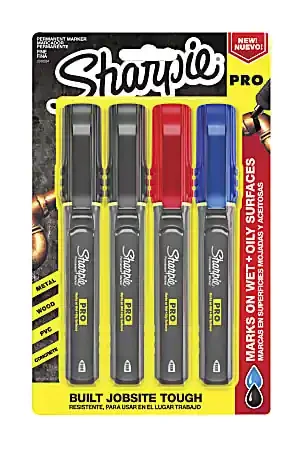 Sharpie® PRO Permanent Markers, Fine Point, Black/Gray Barrel, Assorted Ink Colors, Pack Of 4