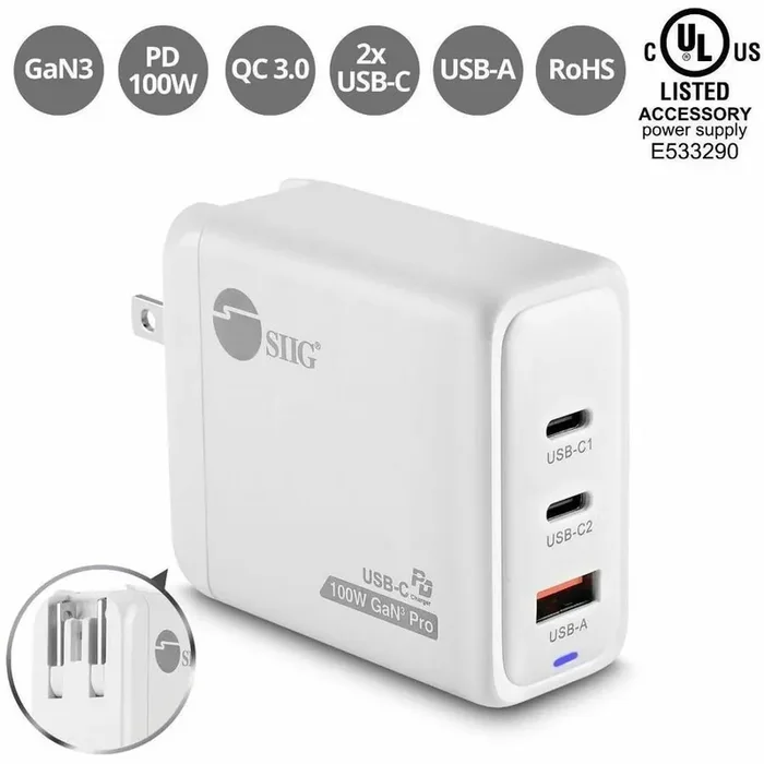 SIIG 100W GaN PD Combo Charger – 2C1A – USB-C Charging Station – Portable USB Type-C