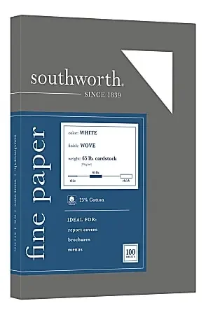 Southworth 25% Cotton Wove Card Stock, White, Letter (8.5″ x 11″) 65 lb, Pack Of 100