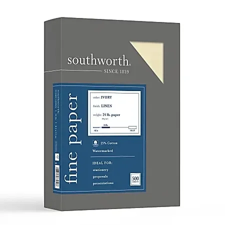 Southworth® 25% Cotton Linen Business Paper, Ivory, Letter (8.5″ x 11″), 500 Sheets Per Ream, 24 Lb, 94 Brightness