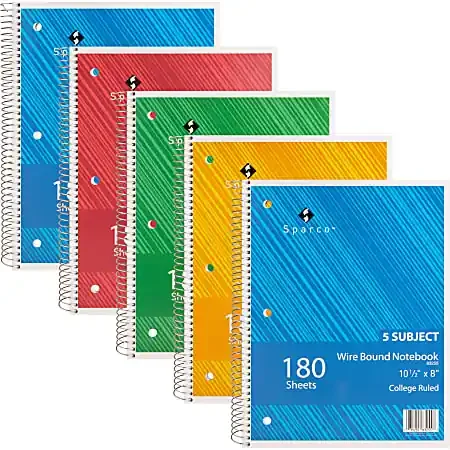 Sparco® Wirebound Notebooks, 8″ x 10 1/2″, College Ruled, 180 Sheets, Assorted Colors, Pack Of 5
