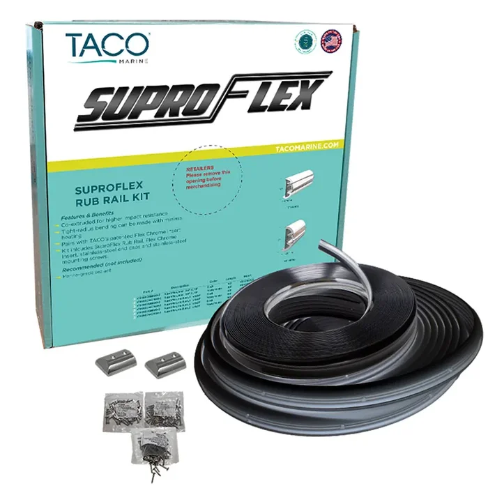 TACO SuproFlex Rub Rail Kit – Black w/Flex Chrome Insert – 1.6″H x .78″W x 60‘L